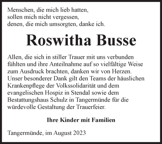 Traueranzeige von Roswitha Busse von Volksstimme Altmark Ost