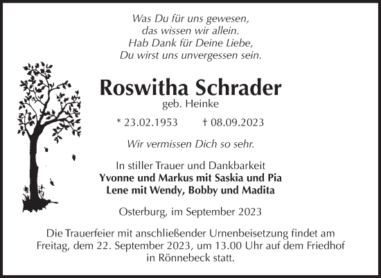 Traueranzeige von Roswitha Schrader von Volksstimme Altmark Ost