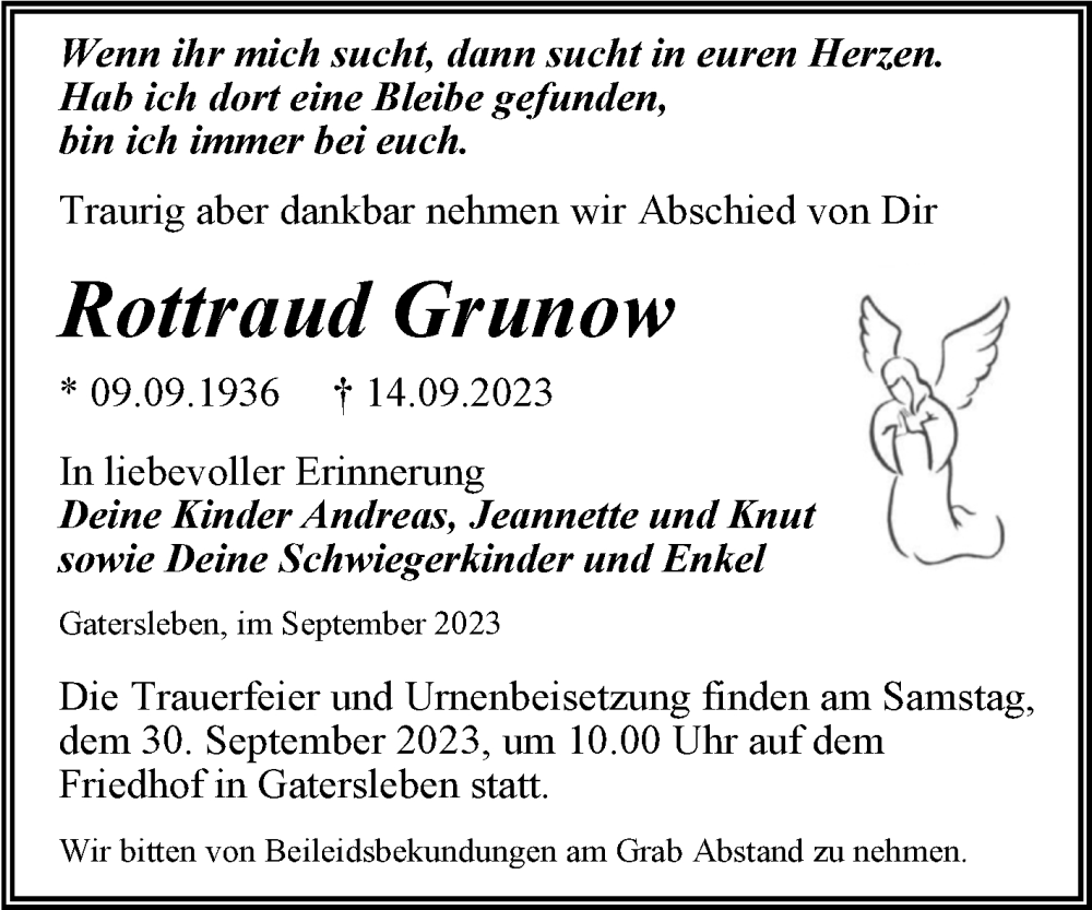  Traueranzeige für Rottraud Grunow vom 23.09.2023 aus Trauerkombi Aschersleben