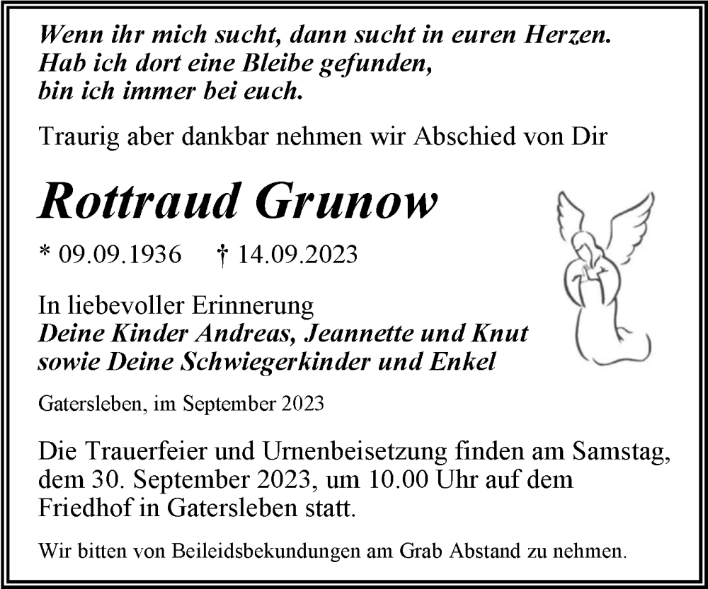  Traueranzeige für Rottraud Grunow vom 18.09.2023 aus Trauerkombi Aschersleben