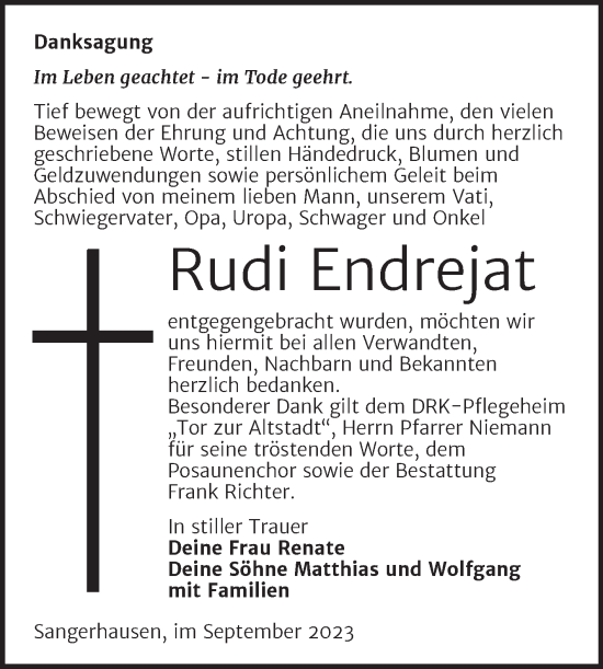Traueranzeige von Rudi Endrejat von Mitteldeutsche Zeitung Sangerhausen