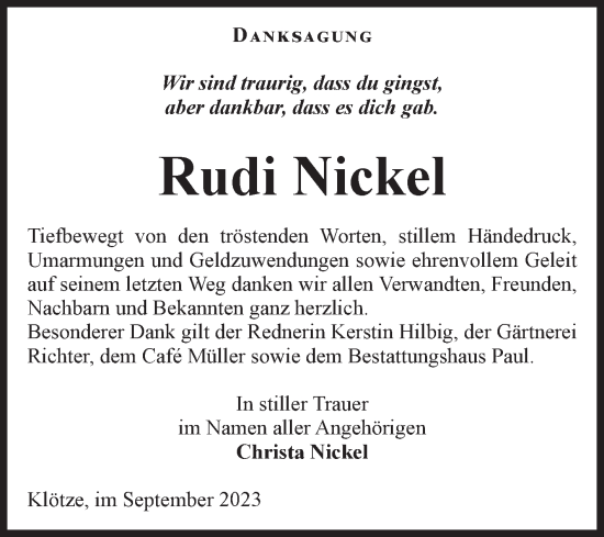 Traueranzeige von Rudi Nickel von Volksstimme Altmark West