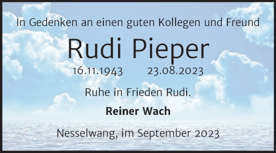 Traueranzeige von Rudi Pieper von Trauerkombi Aschersleben