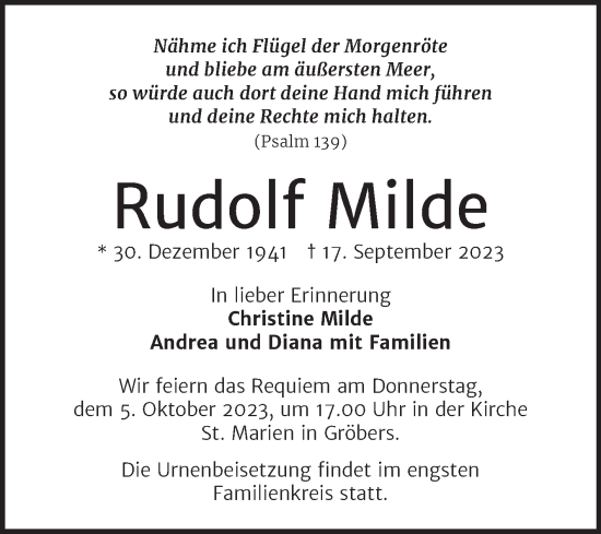 Traueranzeige von Rudolf Milde von Mitteldeutsche Zeitung Halle/Saalkreis