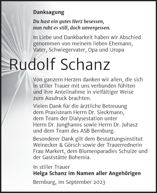 Traueranzeige von Rudolf Schanz von Trauerkombi Bernburg