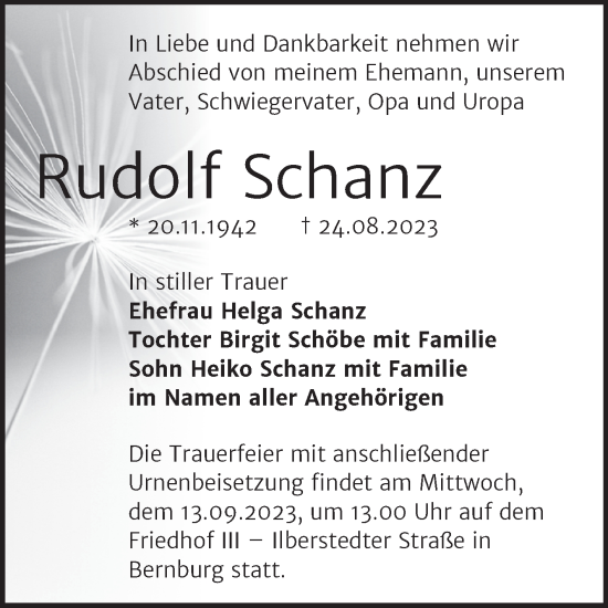 Traueranzeige von Rudolf Schanz von Trauerkombi Bernburg