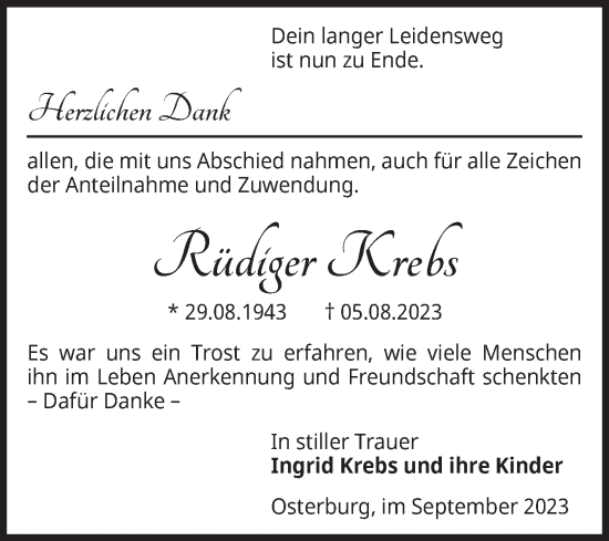 Traueranzeige von Rüdiger Krebs von Volksstimme Altmark Ost