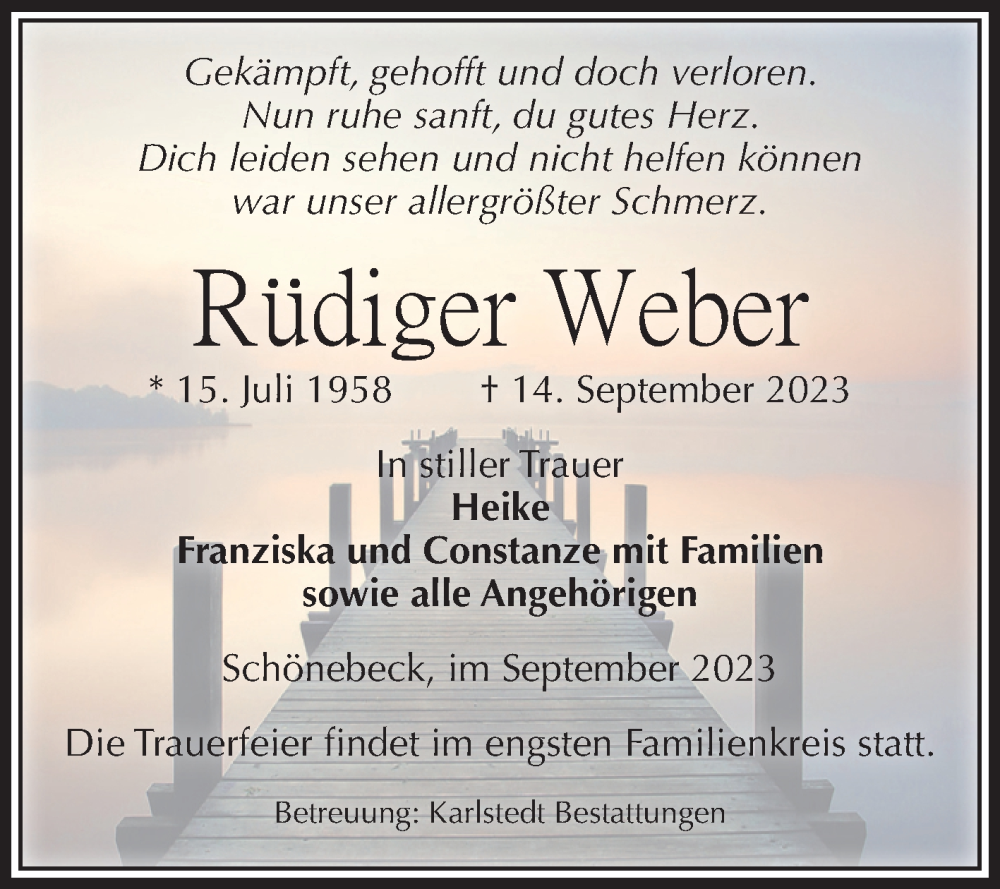  Traueranzeige für Rüdiger Weber vom 23.09.2023 aus Volksstimme Schönebeck