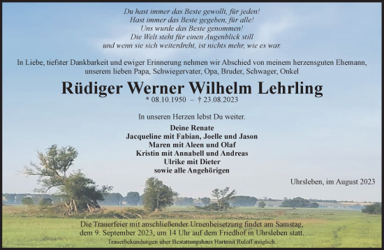 Traueranzeige von Rüdiger Werner Wilhelm Lehrling von Volksstimme Haldensleben/Wolmirstedt