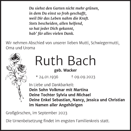 Traueranzeige von Ruth Bach von Trauerkombi Weißenfels
