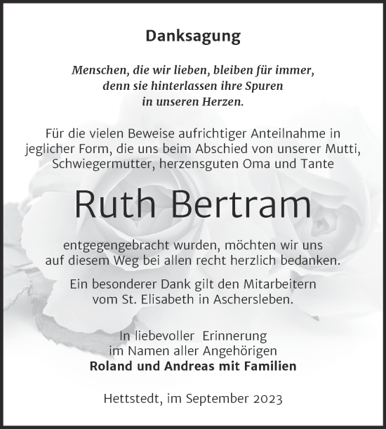 Traueranzeige von Ruth Bertram von Trauerkombi Mansfelder Land