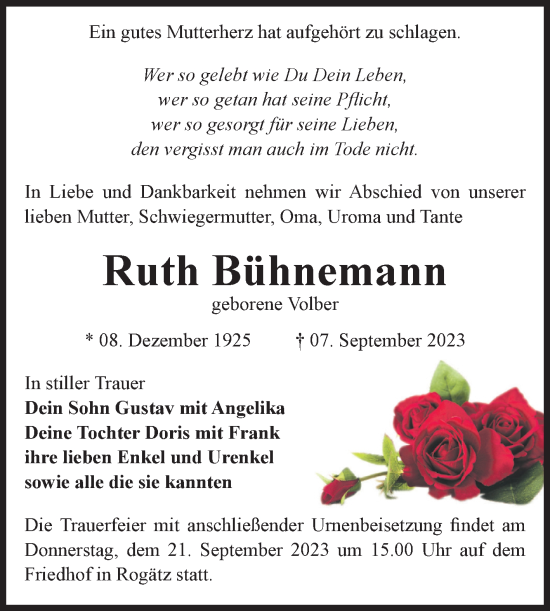 Traueranzeige von Ruth Bühnemann von Volksstimme Haldensleben/Wolmirstedt