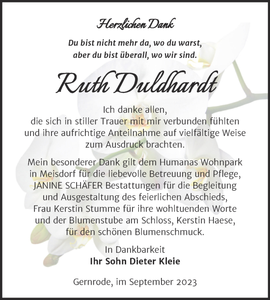 Traueranzeige von Ruth Duldhardt von Trauerkombi Quedlinburg