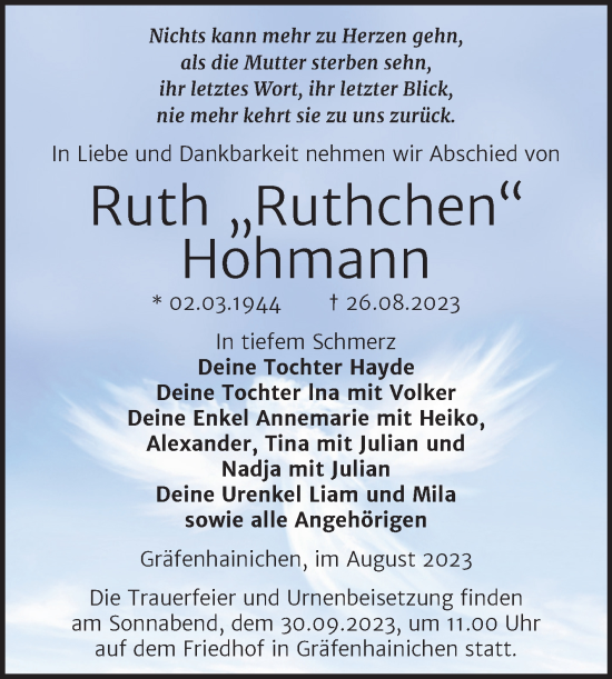 Traueranzeige von Ruth Hohmann von Trauerkombi Wittenberg