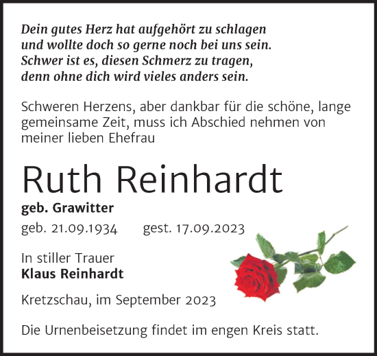 Traueranzeige von Ruth Reinhardt von Trauerkombi Zeitz