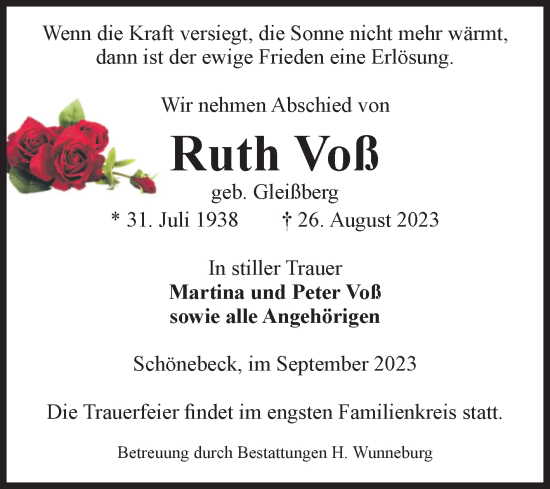 Traueranzeige von Ruth Voß von Volksstimme Schönebeck