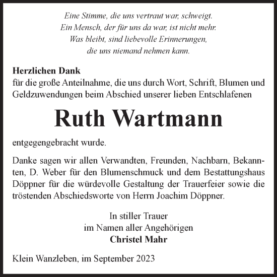 Traueranzeige von Ruth Wartmann von Volksstimme Oschersleben/Wanzleben