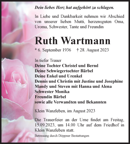 Traueranzeige von Ruth Wartmann von Volksstimme Oschersleben/Wanzleben