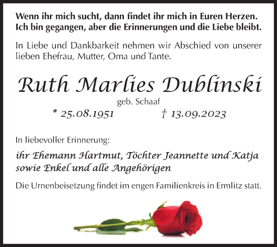 Traueranzeige von Ruth Marlies Dublinski von Super Sonntag Merseburg/Querfurt