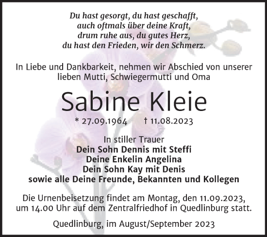 Traueranzeige von Sabine Kleie von Trauerkombi Quedlinburg