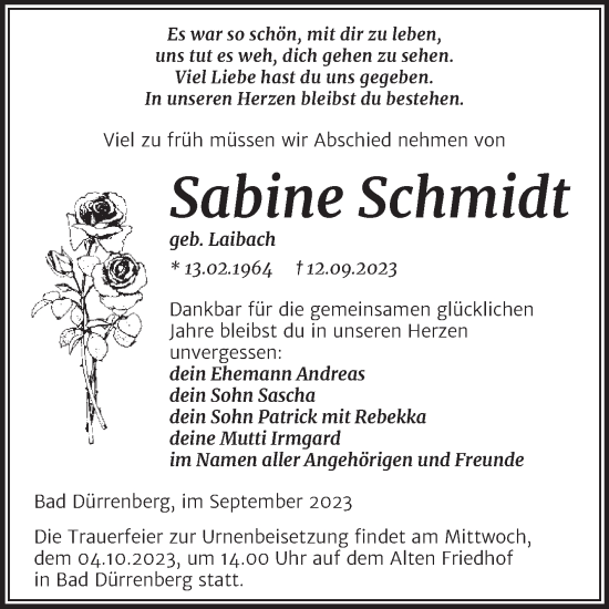 Traueranzeige von Sabine Schmidt von Trauerkombi Merseburg