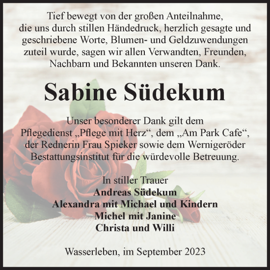 Traueranzeige von Sabine Südekum von Volksstimme Wernigerode