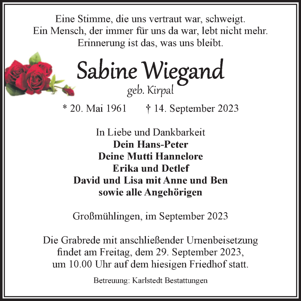  Traueranzeige für Sabine Wiegand vom 23.09.2023 aus Volksstimme Schönebeck