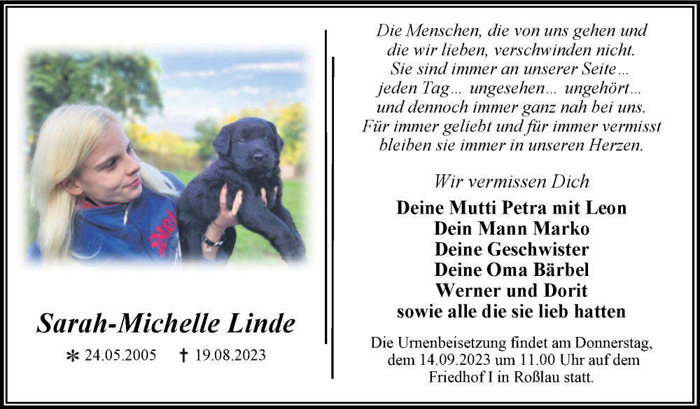  Traueranzeige für Sarah-Michelle Linde vom 02.09.2023 aus Trauerkombi Dessau