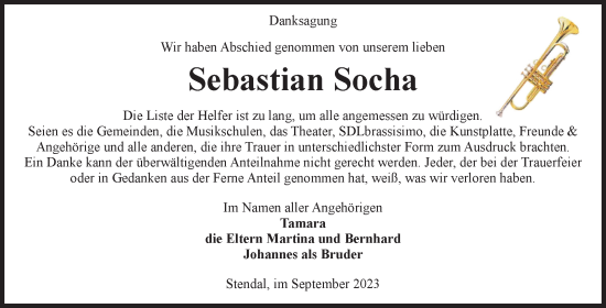 Traueranzeige von Sebastian Socha von Volksstimme Altmark Ost