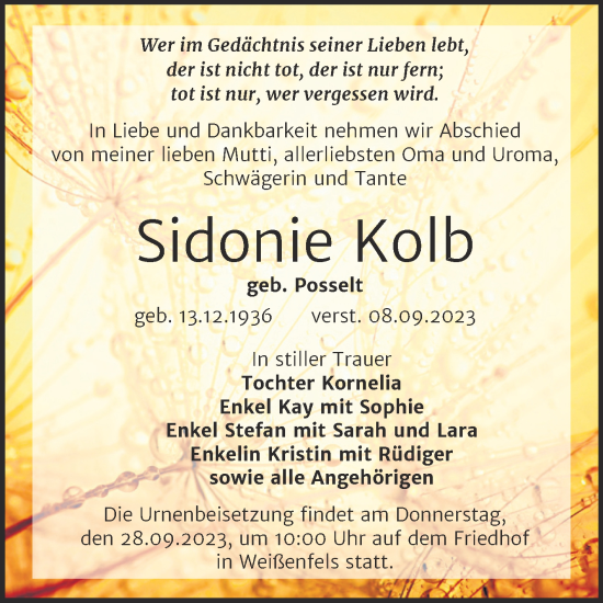 Traueranzeige von Sidonie Kolb von Trauerkombi Weißenfels