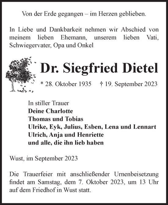 Traueranzeige von Siegfried Dietel von Volksstimme Altmark Ost