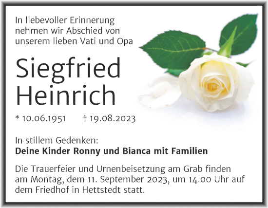 Traueranzeige von Siegfried Heinrich von Mitteldeutsche Zeitung Mansfelder Land