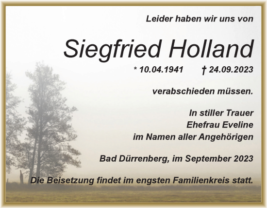 Traueranzeige von Siegfried Holland von Trauerkombi Merseburg
