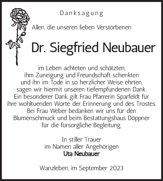 Traueranzeige von Siegfried Neubauer von Volksstimme Oschersleben/Wanzleben