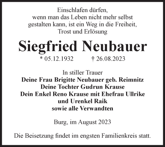 Traueranzeige von Siegfried Neubauer von Volksstimme Burg/Genthin