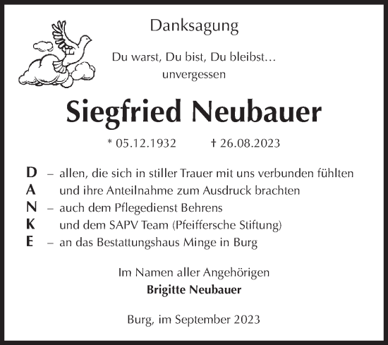 Traueranzeige von Siegfried Neubauer von Volksstimme Burg/Genthin