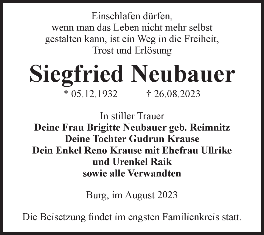  Traueranzeige für Siegfried Neubauer vom 02.09.2023 aus Volksstimme Burg/Genthin