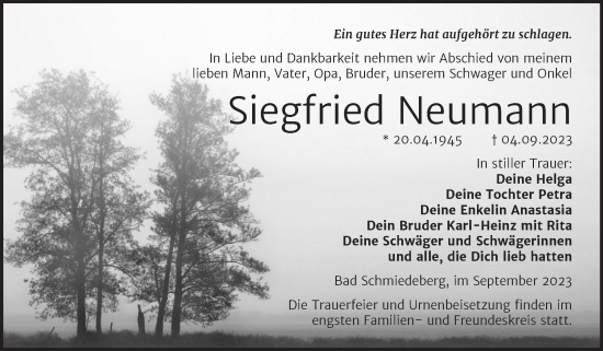 Traueranzeige von Siegfried Neumann von Trauerkombi Wittenberg