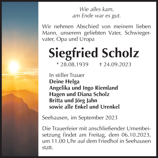 Traueranzeige von Siegfried Scholz von Volksstimme Altmark Ost