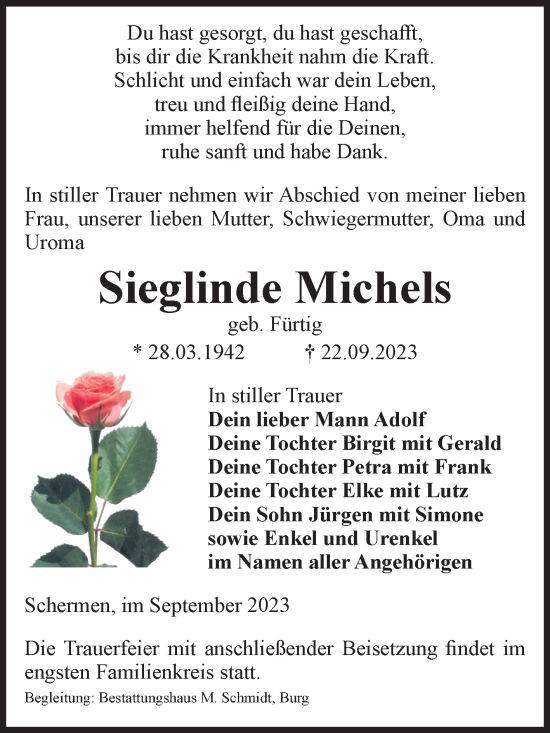 Traueranzeige von Sieglinde Michels von Volksstimme Burg/Genthin