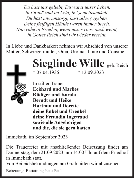 Traueranzeige von Sieglinde Wille von Volksstimme Altmark West