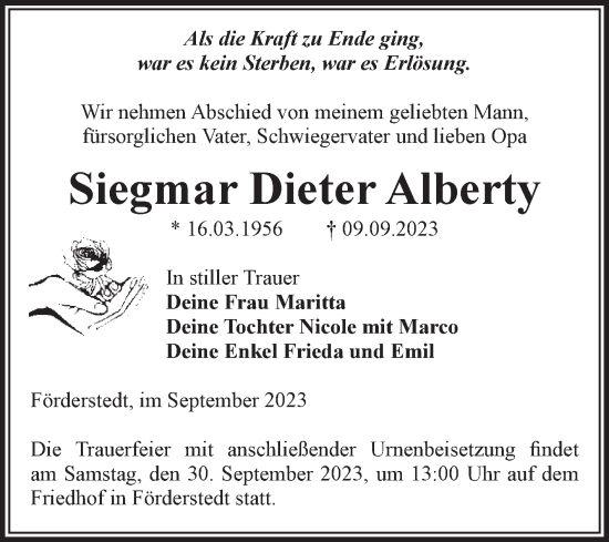 Traueranzeige von Siegmar Dieter Alberty von Volksstimme Staßfurt