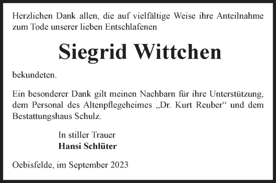 Traueranzeige von Siegrid Wittchen von Volksstimme Altmark West