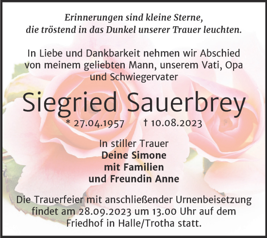 Traueranzeige von Siegried Sauerbrey von Mitteldeutsche Zeitung Halle/Saalkreis