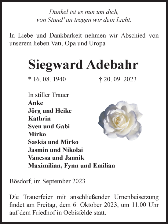 Traueranzeige von Siegward Adebahr von Volksstimme Haldensleben/Wolmirstedt