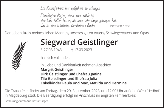 Traueranzeige von Siegward Geistlinger von Volksstimme Magdeburg