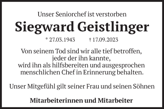Traueranzeige von Siegward Geistlinger von Volksstimme Magdeburg