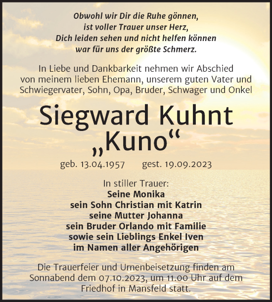 Traueranzeige von Siegward Kuhnt von Trauerkombi Mansfelder Land