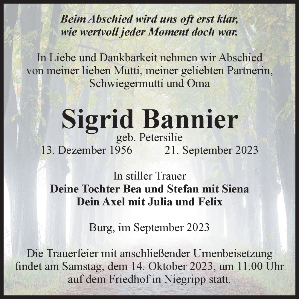 Traueranzeigen von Sigrid Bannier www.abschiednehmen.de