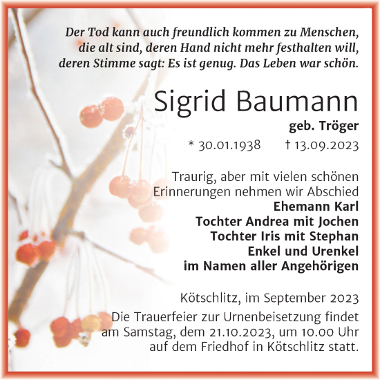 Traueranzeige von Sigrid Baumann von Trauerkombi Merseburg